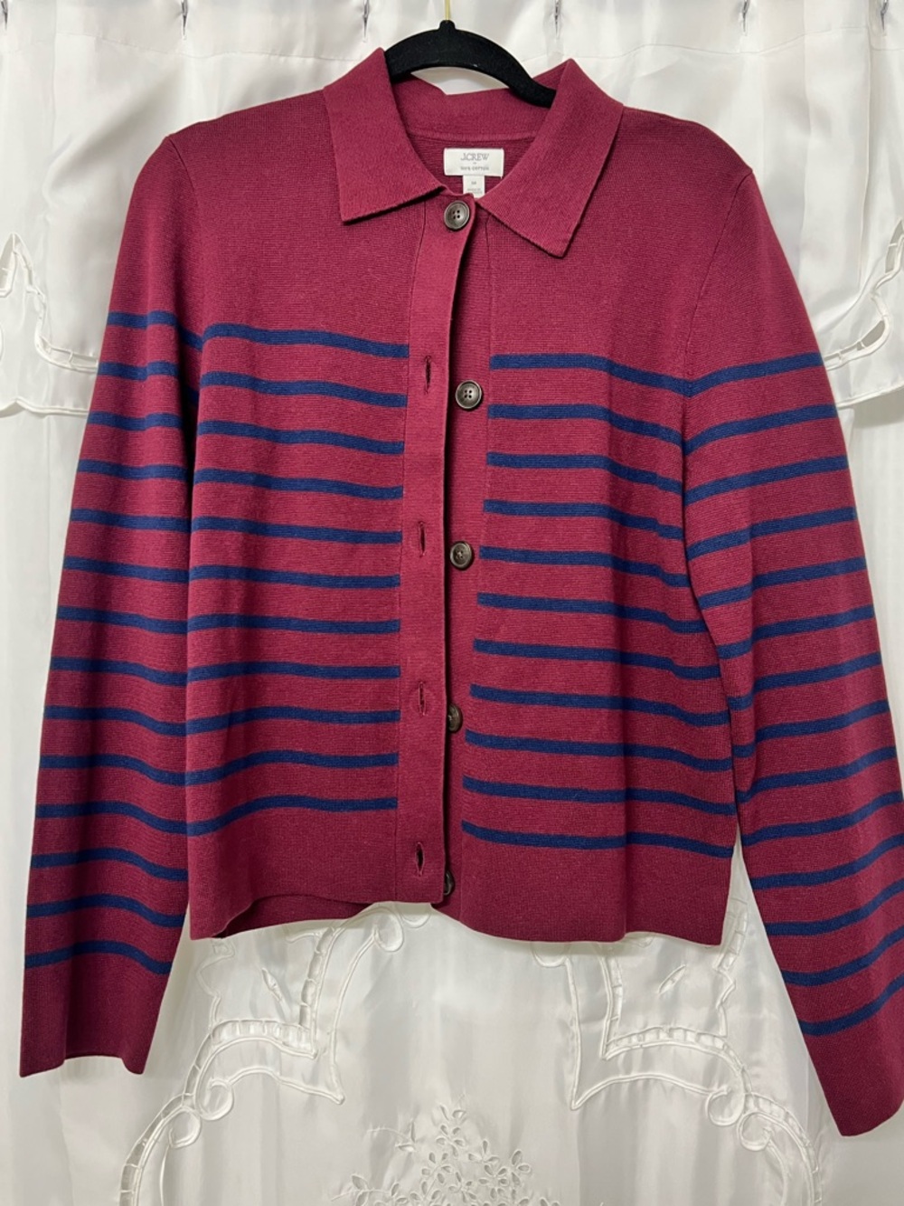 J.Crew Striped Cotton Sweater Cardigan Red Blue Collared Button Front Medium NWT - Picture 5 of 13